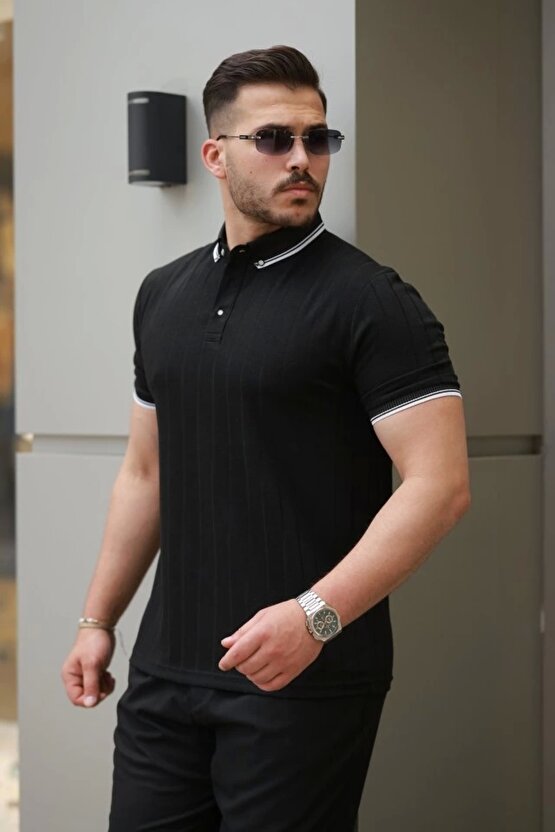 Erkek Düğme Yakalı Jakar Kumaş Kısa Kollu Tişört