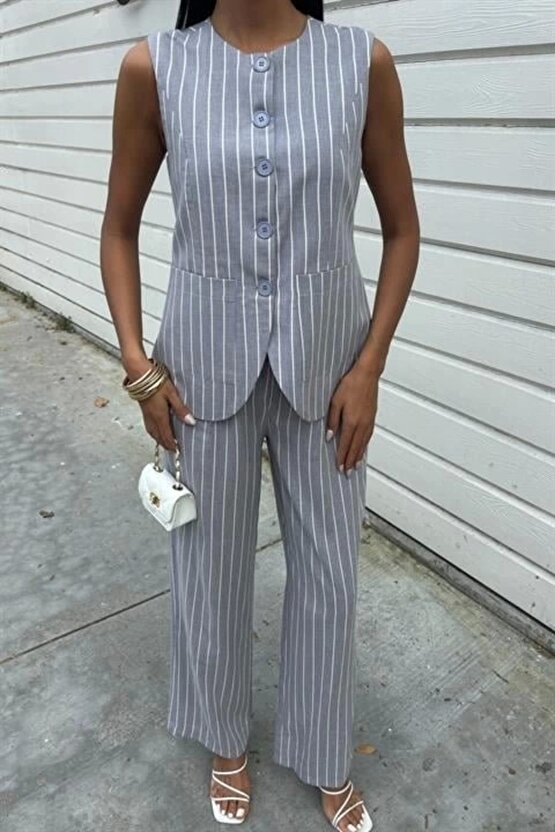 Çizgili Viscon Keten Yelekli Rahat Takım 10121