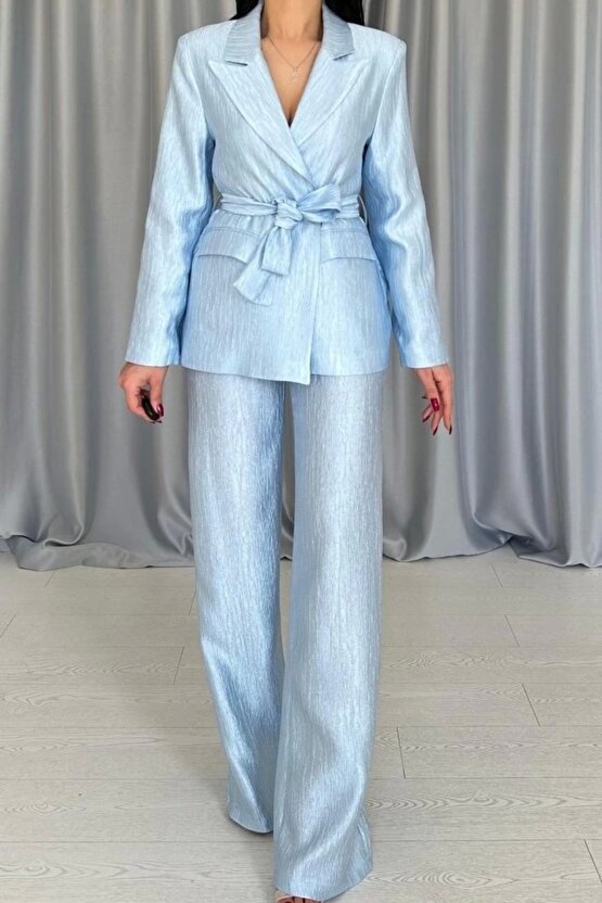 Mavi Beli Kuşaklı Ceket Ve Pantolon Parlak Takım