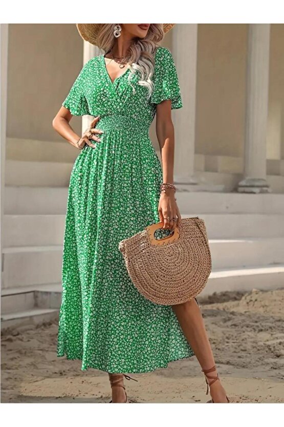 Kadın Kısa Kollu Kruvaze Yaka Beli Lastikli Yanlardan Yırtmaçlı Uzun çiçekli Elbise