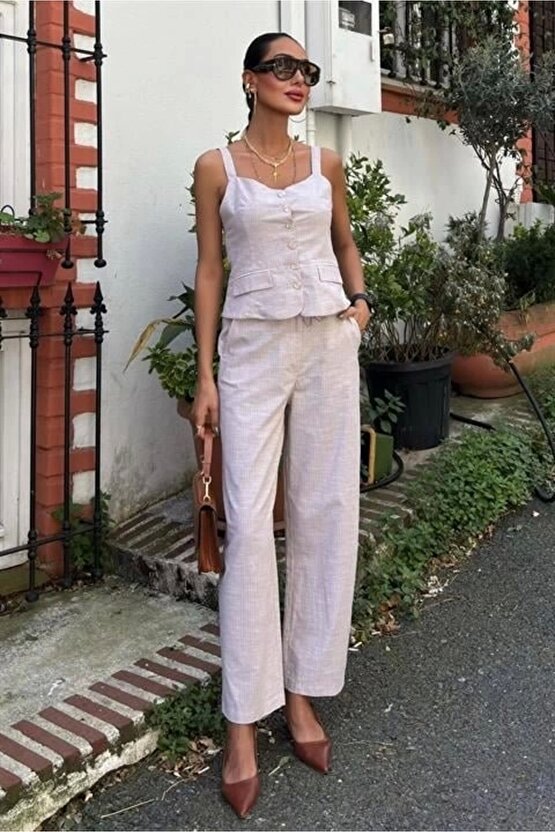 Kalın Askılı Bluz Pantolon Keten Takım 10187
