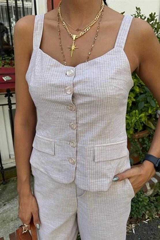 Kalın Askılı Bluz Pantolon Keten Takım 10187