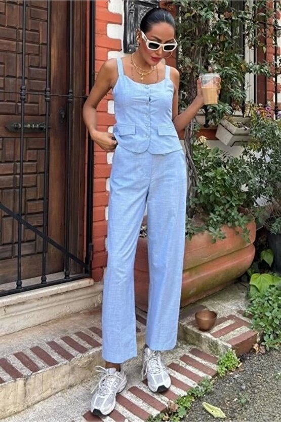 Kalın Askılı Bluz Pantolon Keten Takım 10187