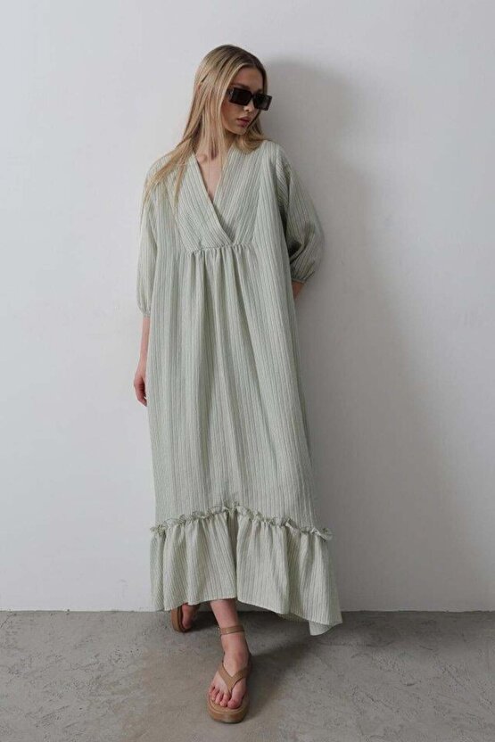 Çizgili Oversize V Yaka Elbise - Haki