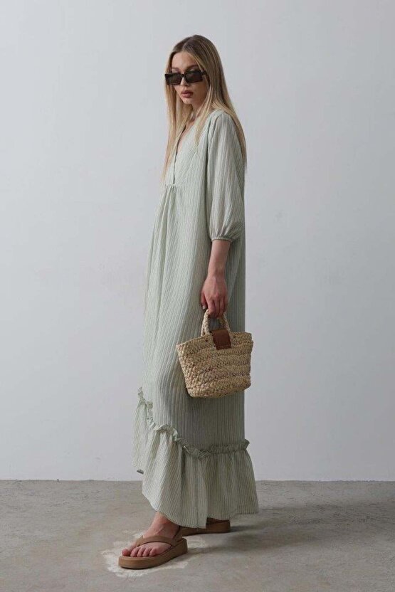 Çizgili Oversize V Yaka Elbise - Haki