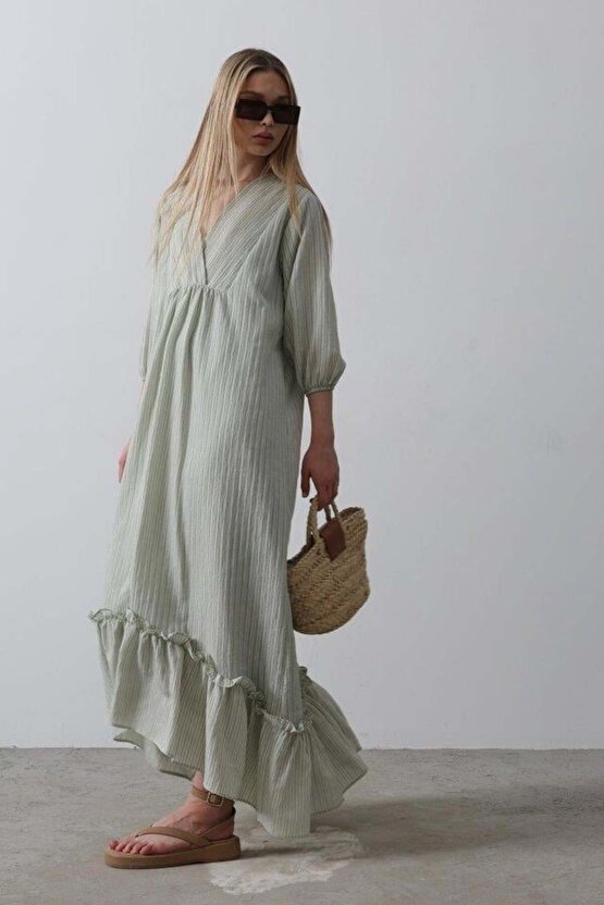 Çizgili Oversize V Yaka Elbise - Haki