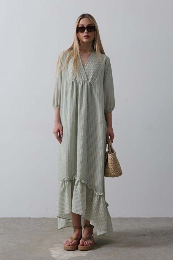Çizgili Oversize V Yaka Elbise - Haki