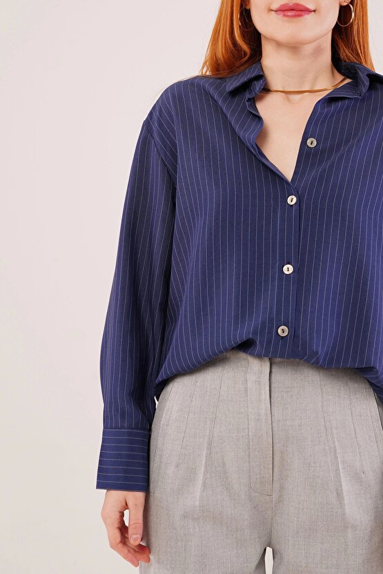 İnce Çizgi Detaylı acivert Gömlek
