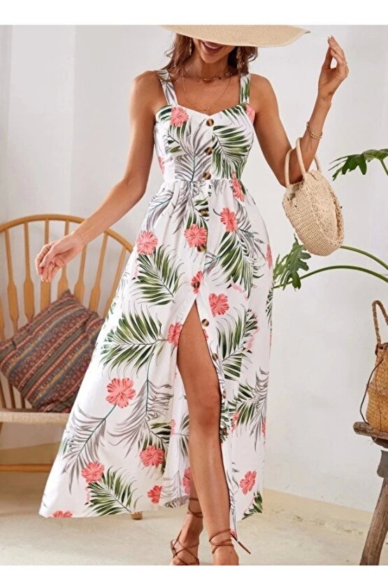 Kadın Askılı önden Düğmeli Yaprak Desenli Uzun Süprem Elbise