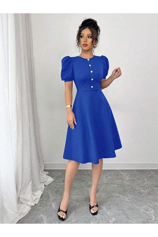 Kadın Kısa Kollu Bisiklet Yaka önden Düğmeli Ithal Krep Elbise
