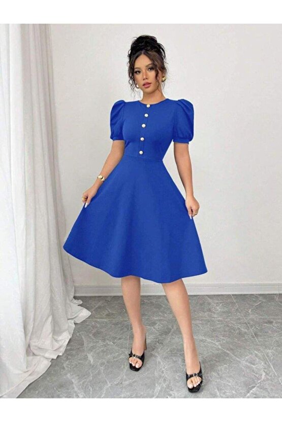 Kadın Kısa Kollu Bisiklet Yaka önden Düğmeli Ithal Krep Elbise