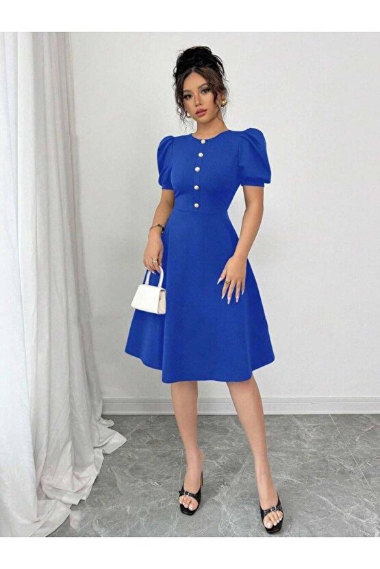 Kadın Kısa Kollu Bisiklet Yaka önden Düğmeli Ithal Krep Elbise