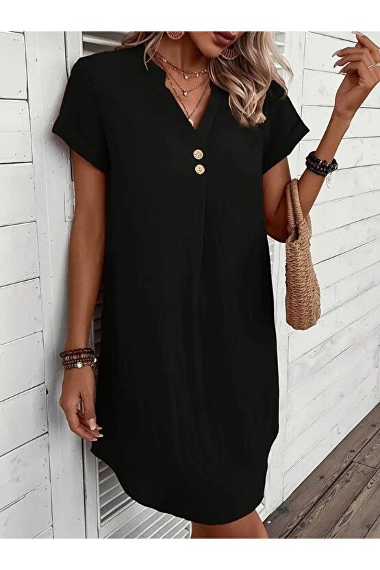 Kadın Kısa Kollu V Yakalı Düğmeli Müslim Kısa Elbise
