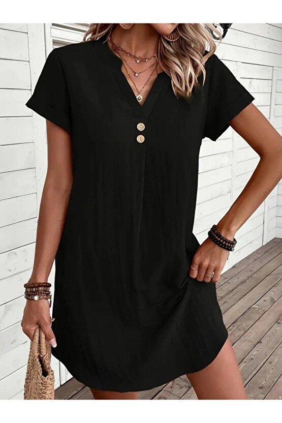 Kadın Kısa Kollu V Yakalı Düğmeli Müslim Kısa Elbise