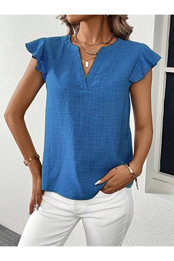 Kadın Kısa Kelebek Kollu V Yakalı Bluz