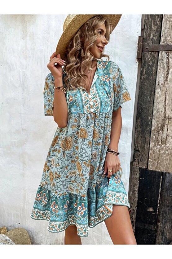 EQURİ Kadın Kısa Kollu Yakası Bağcıklı önden Düğmeli Fırfır Desenli Süprem Elbise