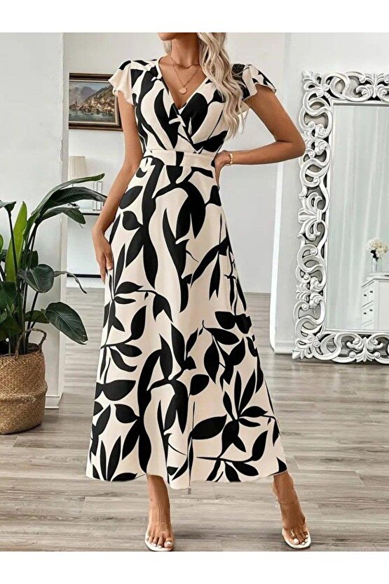 Kadın Kısa Kelebek Kollu Kruvaze Yaka Desenli Süprem Elbise