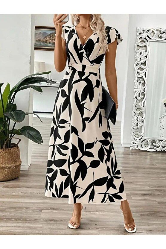 Kadın Kısa Kelebek Kollu Kruvaze Yaka Desenli Süprem Elbise