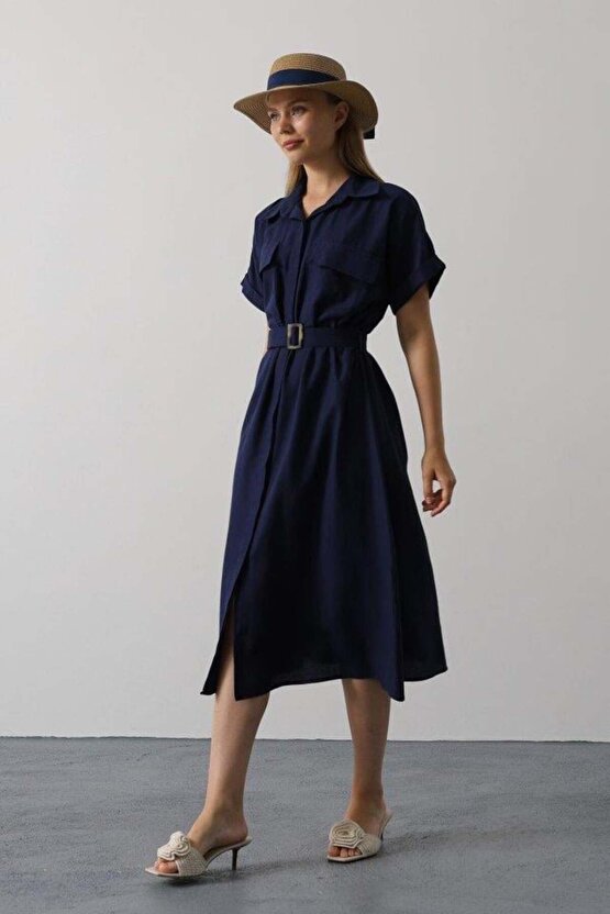 Kuşaklı Cep Detaylı Yarım Kol Elbise - Lacivert