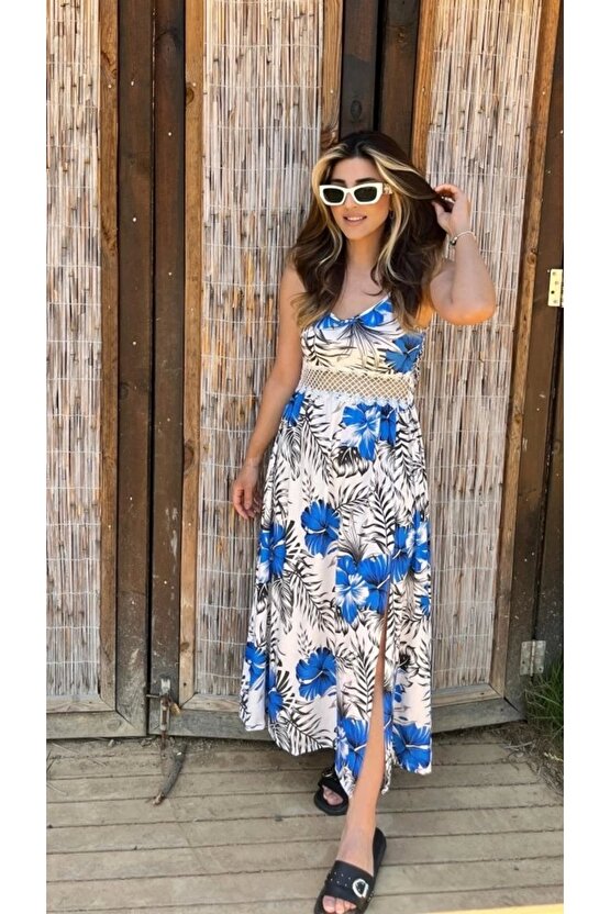 Kadın Ip Askılı V Yakalı Bel Güpür çiçek Desenli Yandan Yırtmaçlı Maksi Süprem Elbise