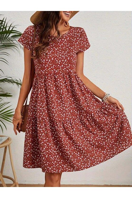 Kadın Kısa Kollu Bisiklet Yaka çiçek Desenli Süprem Elbise