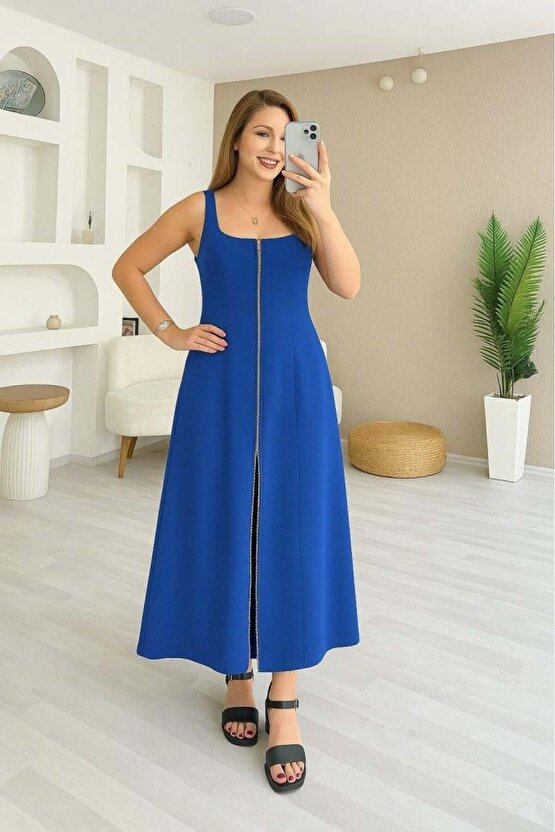 Kadın Askılı Kare Yaka önden Fermuarlı Geniş Kesim Janjan Krep Elbise