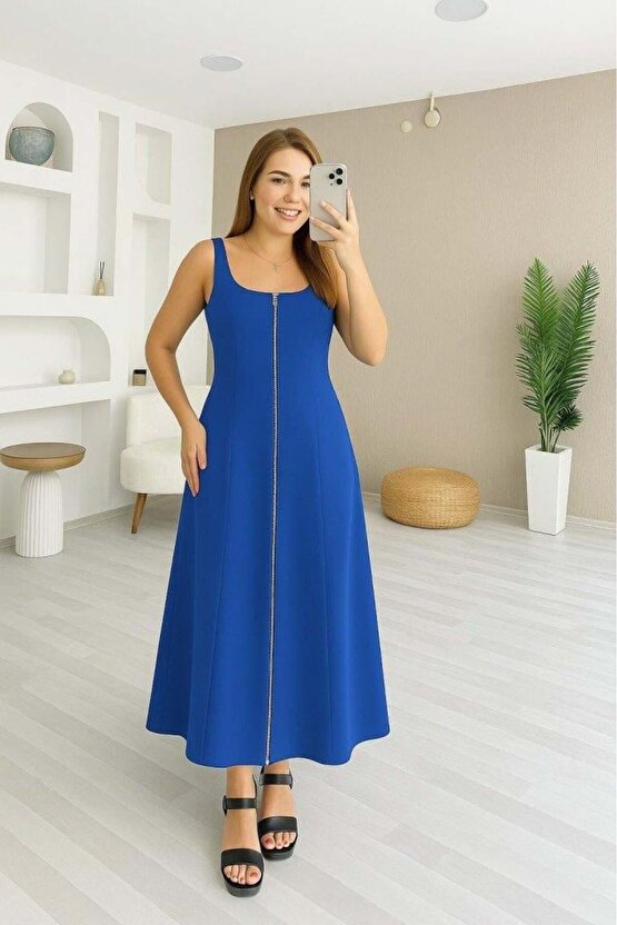 Kadın Askılı Kare Yaka önden Fermuarlı Geniş Kesim Janjan Krep Elbise