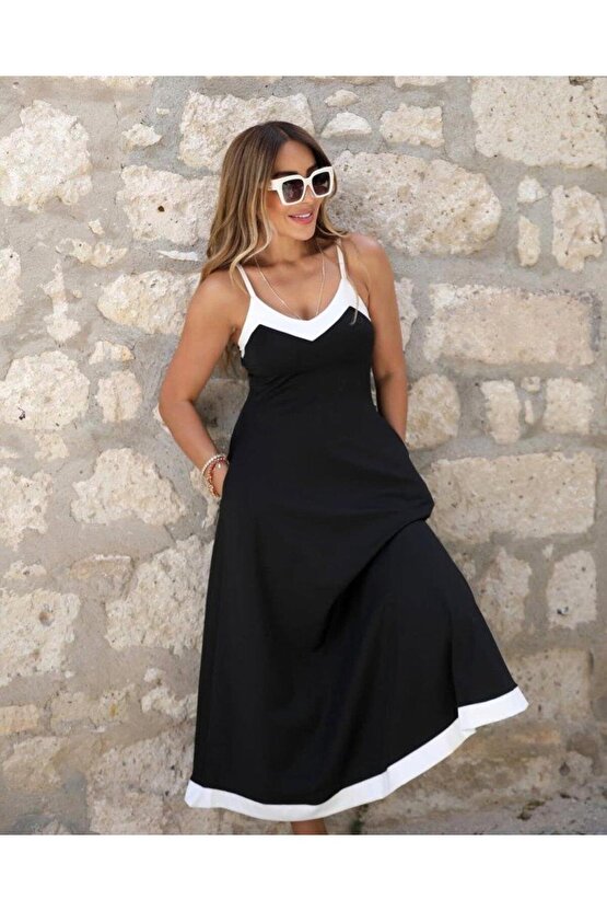 Kadın Ip Askılı V Yakalı çift Renkli Janjan Krep Elbise