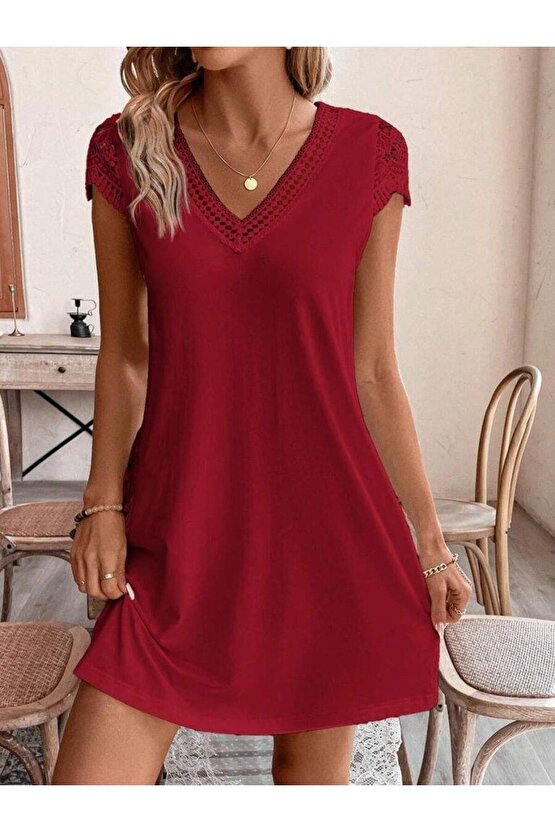 Kadın Kısa Kollu V Yakalı Viskon Elbise