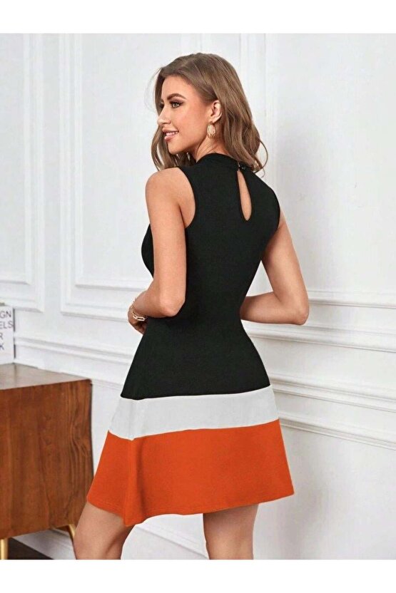 Kadın Sıfır Kol Yarı Balıkçı Yaka şerit Detaylı Ithal Krep Elbise