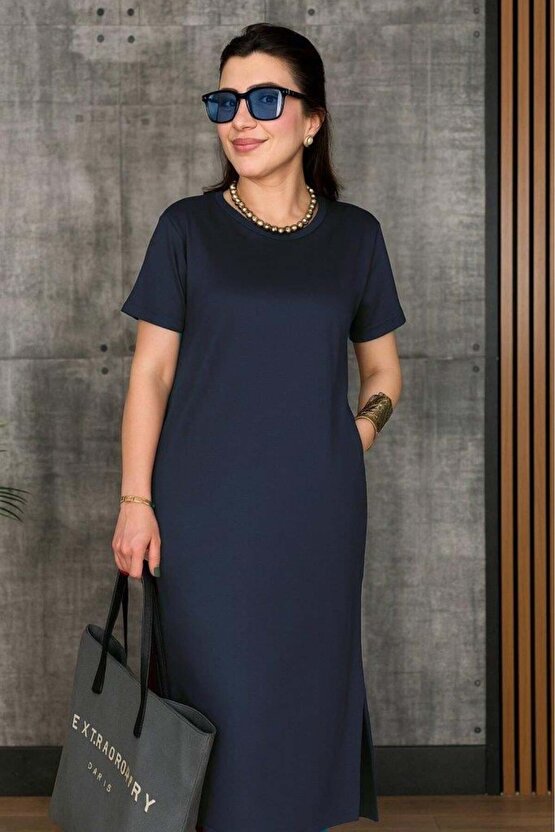 Kadın Kısa Kollu Bisiklet Yaka Yırtmaçlı Viskon Iki Iplik Elbise