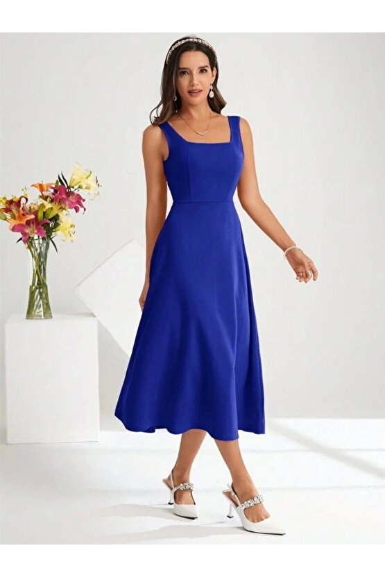 Kadın Askılı Kare Yakalı Midi Ithal Krep Elbise