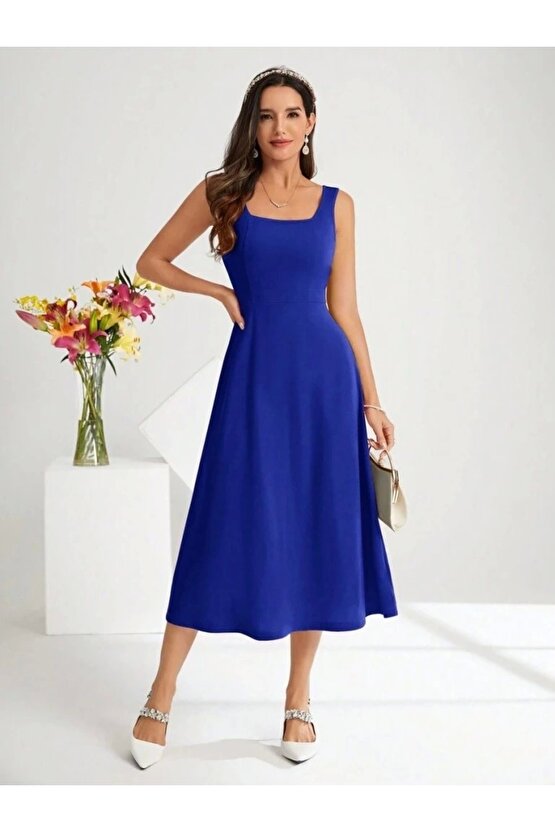 Kadın Askılı Kare Yakalı Midi Ithal Krep Elbise