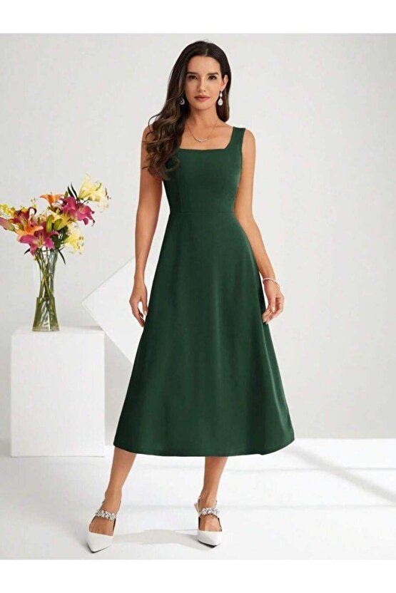 Kadın Askılı Kare Yakalı Midi Ithal Krep Elbise