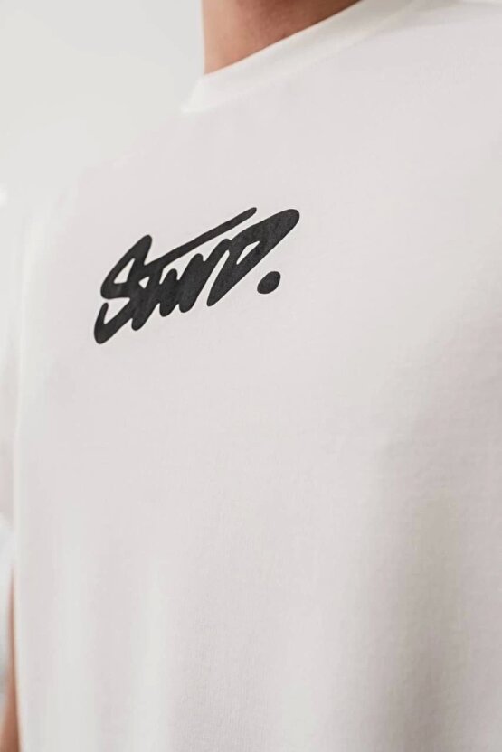Erkek Baskılı Oversize T-shirt - Beyaz