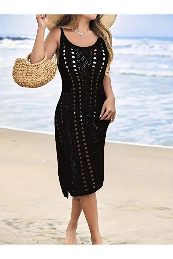 Kadın Kolsuz Askılı Yan Yırtmaç Detay Triko Midi Boy Elbise