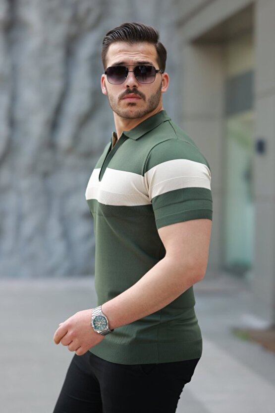 EQURİ Erkek Fermuar Yakalı şerit Renk Desenli Kısa Kollu Tişört