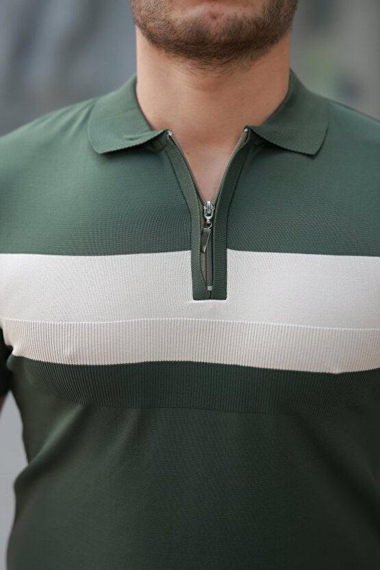 EQURİ Erkek Fermuar Yakalı şerit Renk Desenli Kısa Kollu Tişört