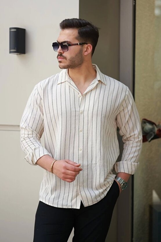 Erkek çizgili Keten Gömlek