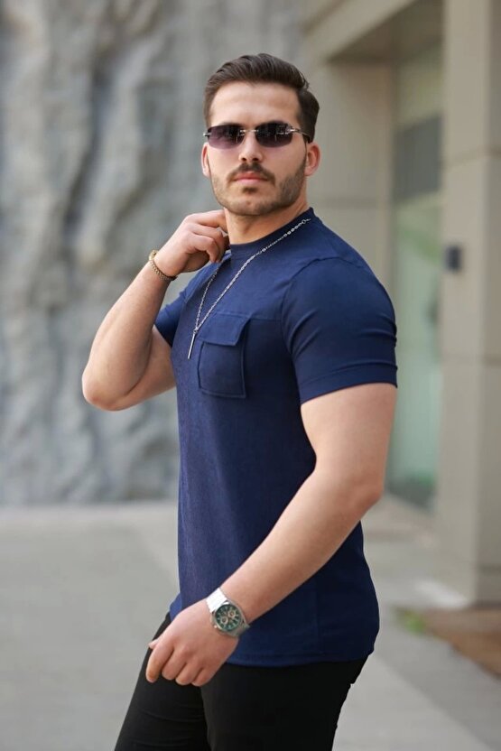 Erkek Cepli Kolyeli Kısa Kollu örme Kumaş Tişört