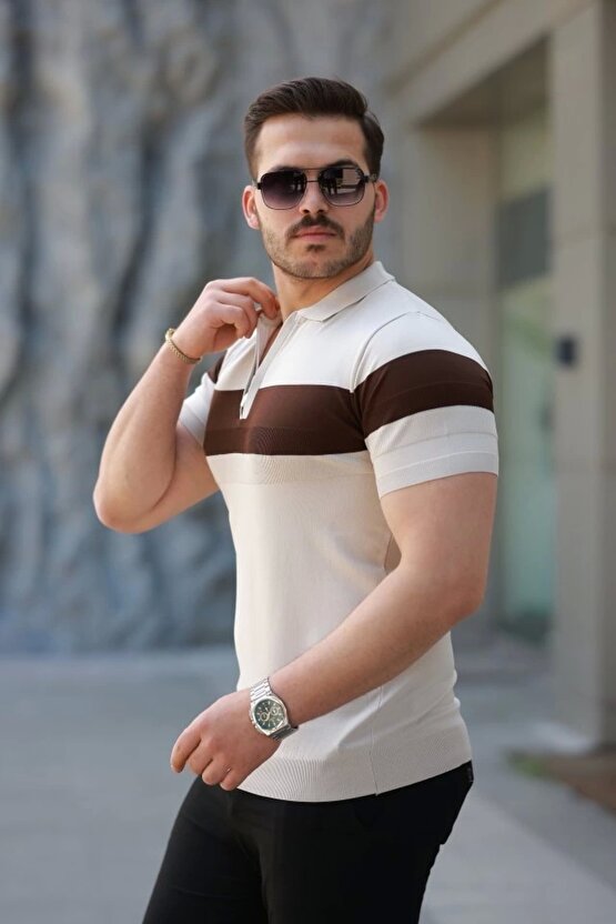 Erkek Fermuar Yakalı şerit Renk Desenli Kısa Kollu Tişört