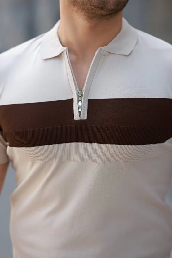 Erkek Fermuar Yakalı şerit Renk Desenli Kısa Kollu Tişört