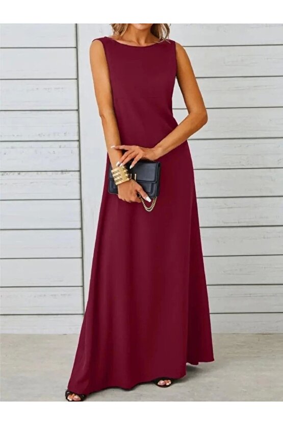 Kadın Kolsuz Kayık Yaka Maksi Janjan Krep Elbise