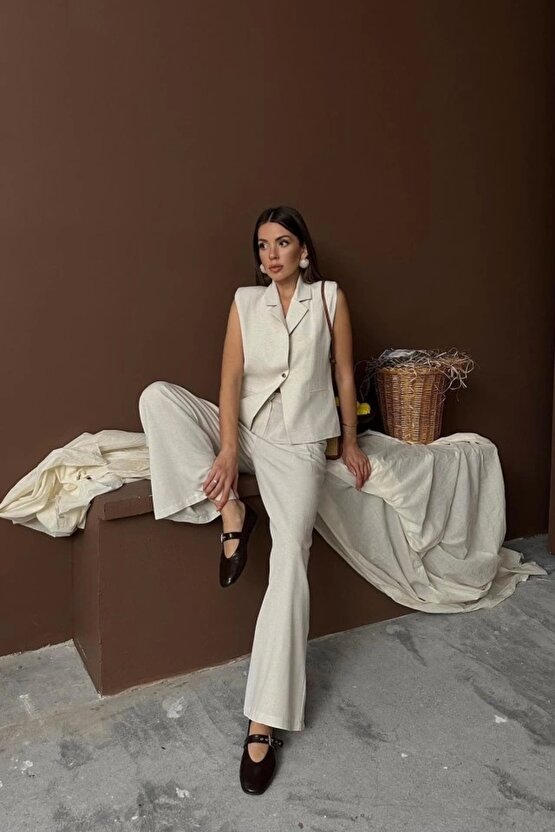 Bej Keten Yelek Pantolon Takım