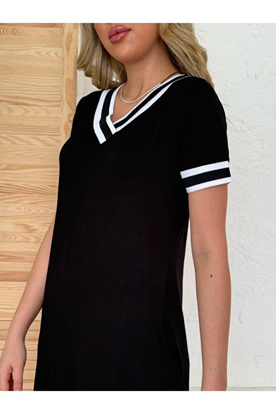 Kadın Kısa Kollu V Yaka Kol Ve Yaka Ribana Detay Midi Boy Viskon Elbise