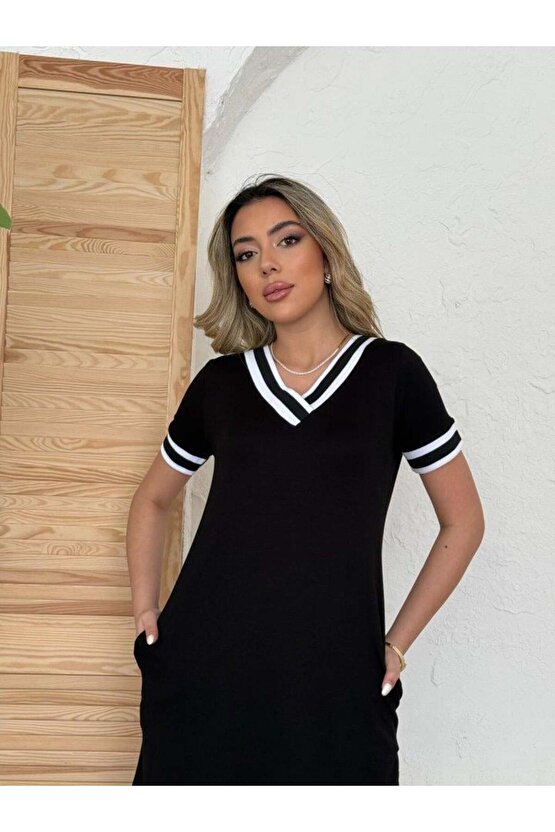 Kadın Kısa Kollu V Yaka Kol Ve Yaka Ribana Detay Midi Boy Viskon Elbise