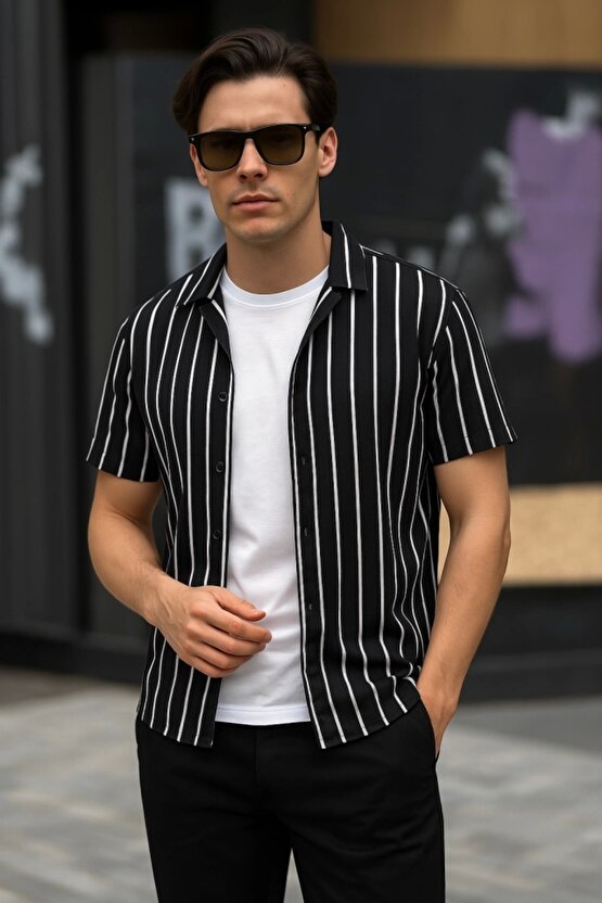 Erkek Kısa Kollu Beyaz çizgi Desenli örme Kumaş Pamuklu Gömlek