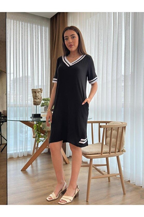 Kadın Kısa Kollu V Yaka Ribana Detaylı Cepli Dizüstü Viskon Elbise