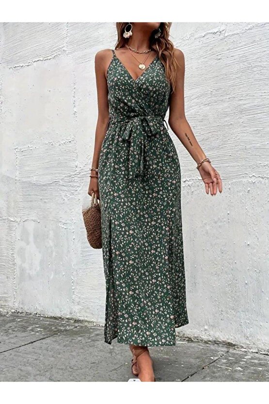 Kadın Ip Askılı Kruvaze Yakalı Yırtmaçlı Uzun Desenli Kuşaklı Süprem Elbise