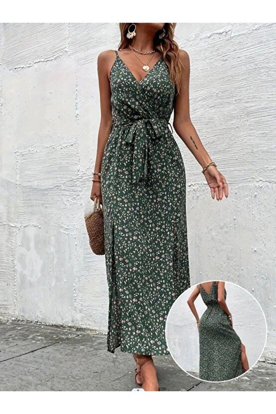 Kadın Ip Askılı Kruvaze Yakalı Yırtmaçlı Uzun Desenli Kuşaklı Süprem Elbise